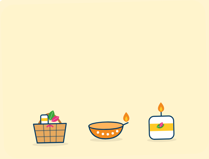 Candles, diyas and a gift hamper made by parents